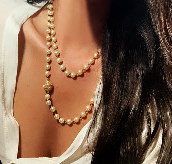 Long FreshWater Pearl Necklace with Pave CZ Magnetic Clasp