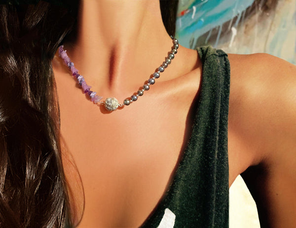 Amethyst Tumbled Stone and Tahitian Pearl Choker with Pave CZ Ball Clasp