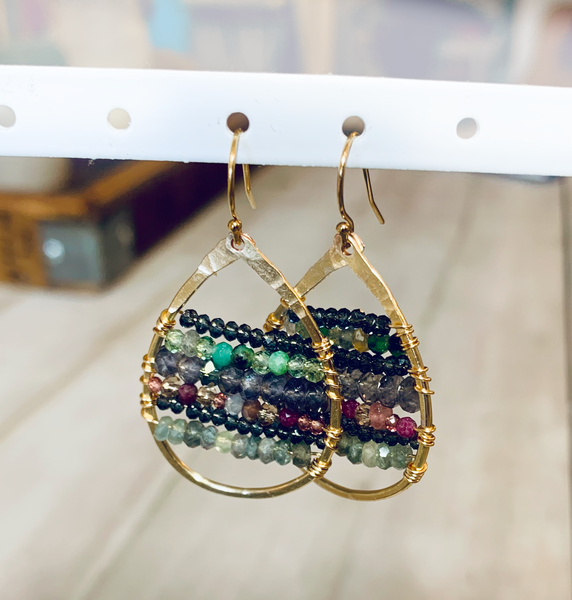 Mixed Stones Gold Filled Oval Hammered Earrings
