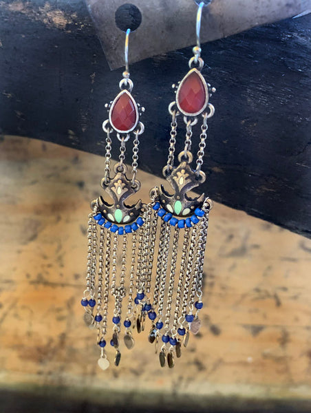 Vintage Italian Silver Earrings with Carnelian, Turquoise and Lapis