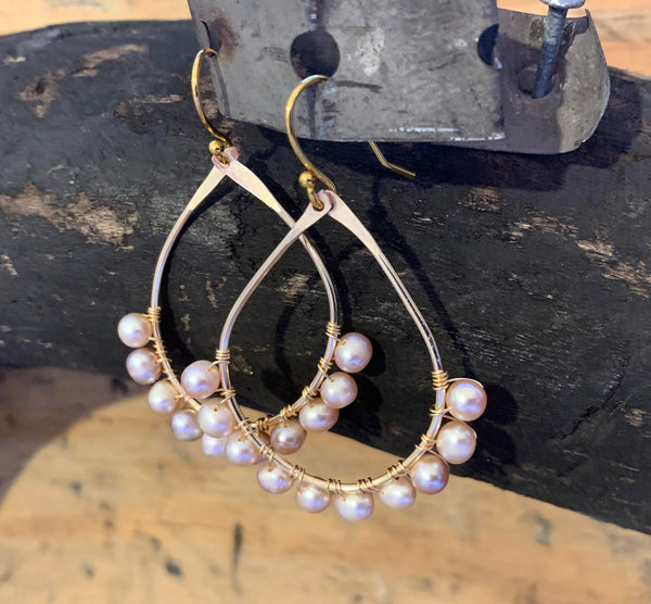 XL Pink Pearl Hammered Gold Filled Earrings