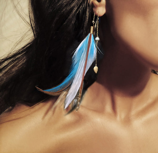 Turquoise Feather Chain Earring with Leaf