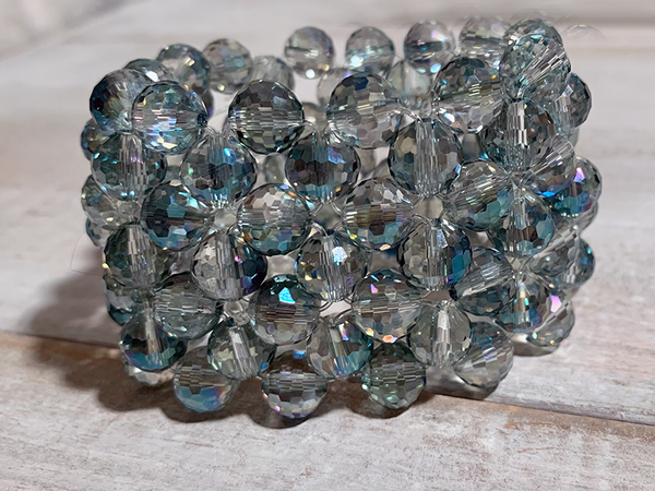 Aquamarine Crystal Cuff Bracelet 10 MM Beads on Stretch Cord