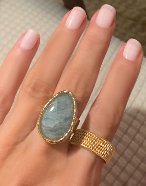 Aquamarine Tall Adjustable Gold Overlay Ring