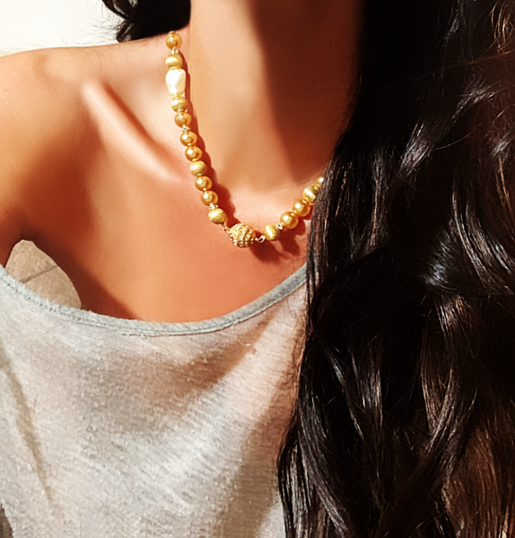 Gold Pearl Choker with Pave CZ Ball Clasp