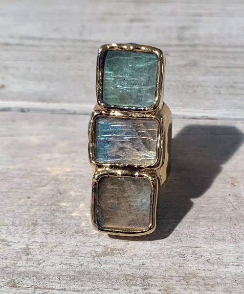 Labradorite 3-Stone Gold Overlay Adjustable Ring