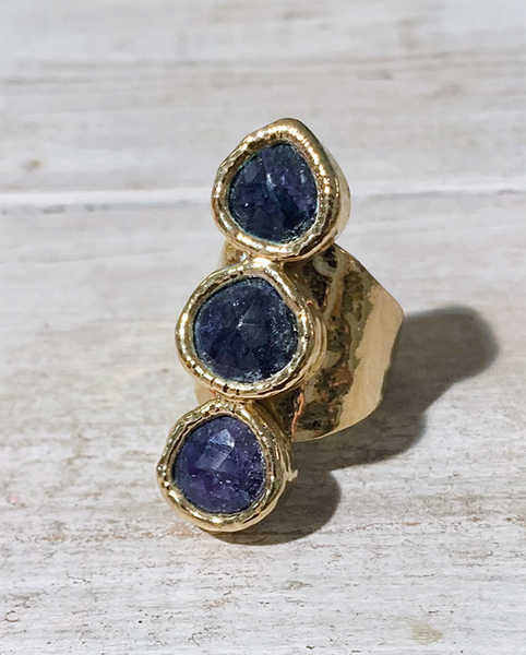 Sapphire 3-Stone Gold Overlay Adjustable Ring