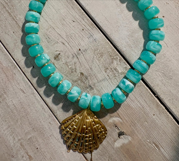 Gold Leaf Seashell Necklace on Amazonite