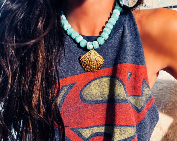 Gold Leaf Seashell Necklace on Amazonite