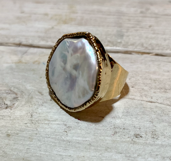 Coin Pearl Adjustable Gold Overlay Ring