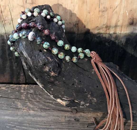 African Turquoise, Garnet and Amazonite Hand-Knotted Long Necklace with Leather Tassel