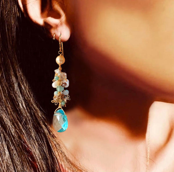 Mixed Gemstone Dangle Earrings - Aquamarine