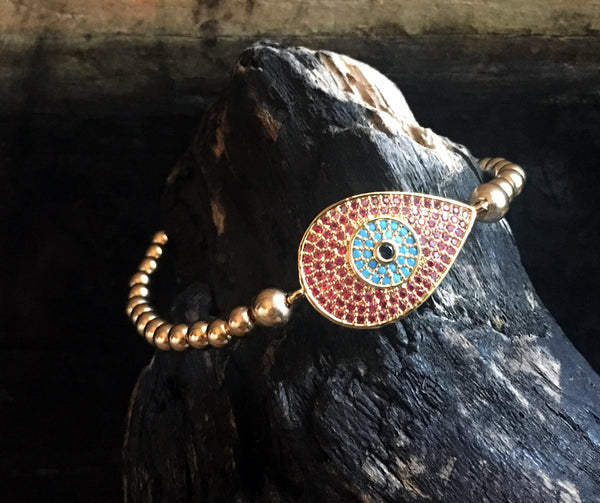 Gold Filled Ball Bracelet with Crystal Evil-Eye on Stretch Cord