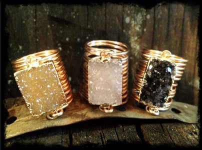 Raw Druzy Rectangle Wire Wrap Rings