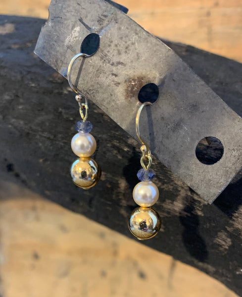 Fresh Water Pearl, Gold Ball and Iolite Earrings