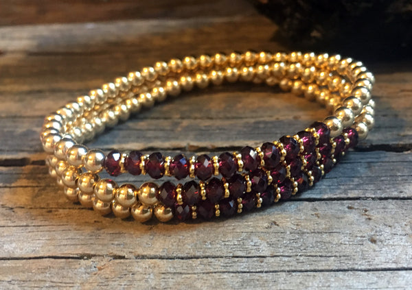 Gold Filled 4mm Ball Bracelet with Garnet on Stretch Cord