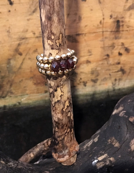 Gold Filled Ball Ring with 3 Garnets on Stretch Cord