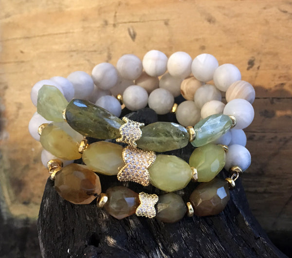 Green and Yellow and Brown Jade with White Agate on Stretch Cord