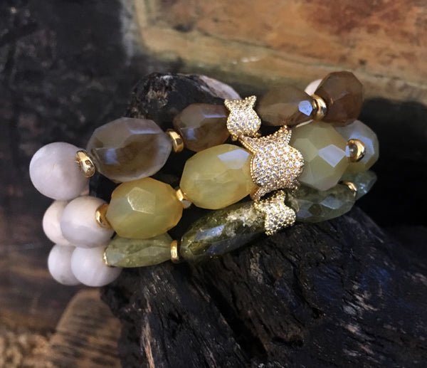 Green and Yellow and Brown Jade with White Agate on Stretch Cord
