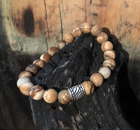 Picture Jasper Men's Bracelet on Stretch Cord with Silver