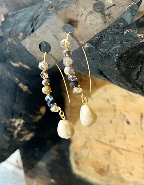 Fresh Water Pearl Drop Earrings with Gemstones