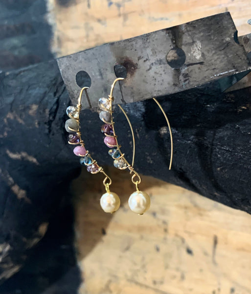 Fresh Water Pearl Round Drop Earrings with Gemstones