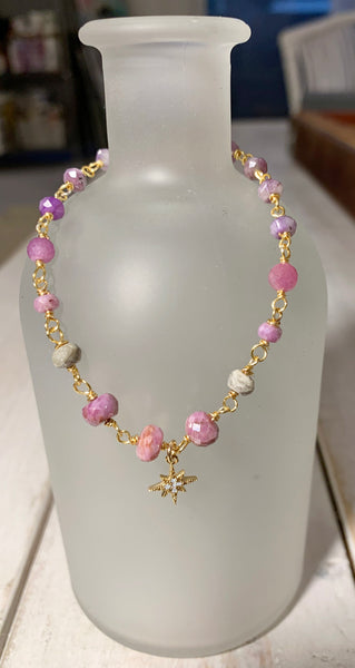 Pink Silverite Wire Wrap Bracelet with Starburst Dangle