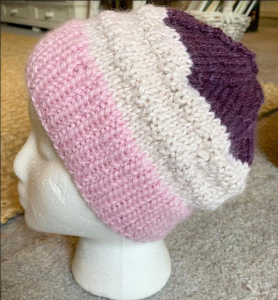 Pink, Cream and Purple Hand Knit Baby Alpaca Beanie