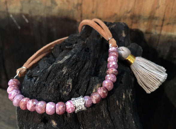 Pink Silverite Bracelet with Adjustable Leather