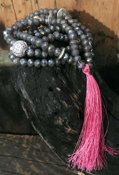Smokey Grey Crystal Long Necklace with Silver Components and Hot Pink Tassel