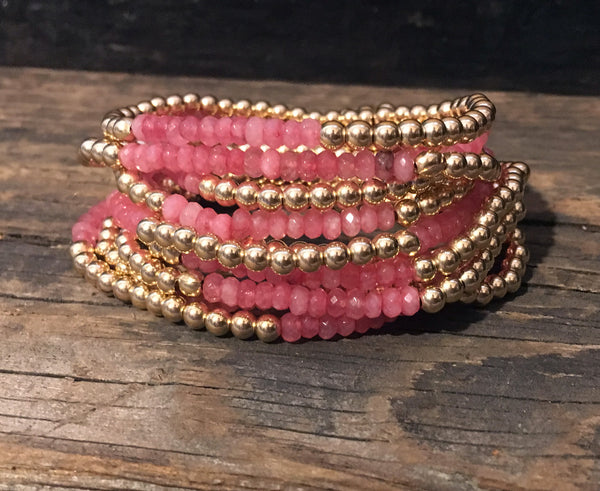 Strawberry Jade and 4mm Gold Filled Bracelets on Stretch Cord