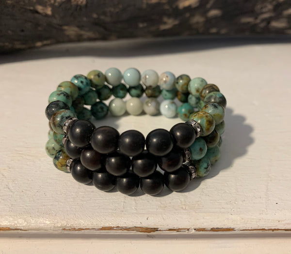 Tiger Ebony and Peruvian Turquoise Bracelets on Stretch Cord