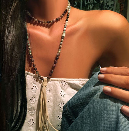 Tourmaline and Amazonite  Hand-Knotted Necklace with Long White Suede Tassel