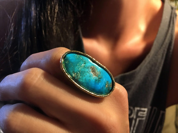 Turquoise Long Oval Adjustable Gold Overlay Ring