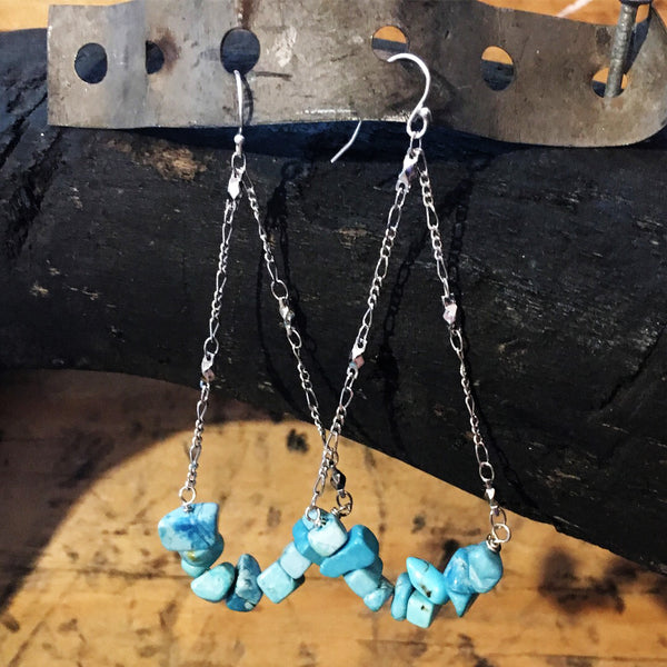 Turquoise and Amethyst Nugget Silver Swing Earrings