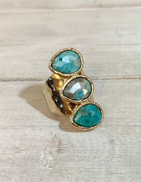 Turquoise Triple Stone Adjustable Gold Overlay Ring