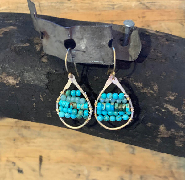 Mixed Turquoise Hammered Gold Filled Earrings