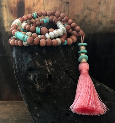 Rosewood Beads with Turquoise and White Silverite with Peach Tassel