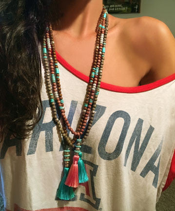Rosewood Beads with Turquoise and White Silverite with Peach Tassel